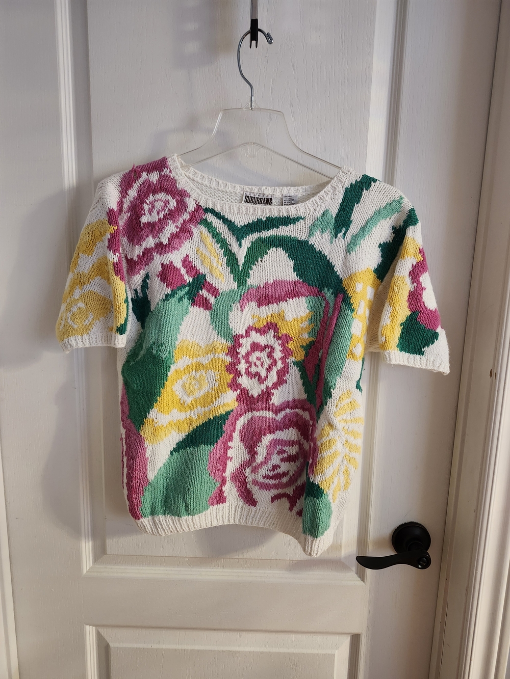 Floral Knit Short Sleeve Sweater in White, Pink, Yellow & Green